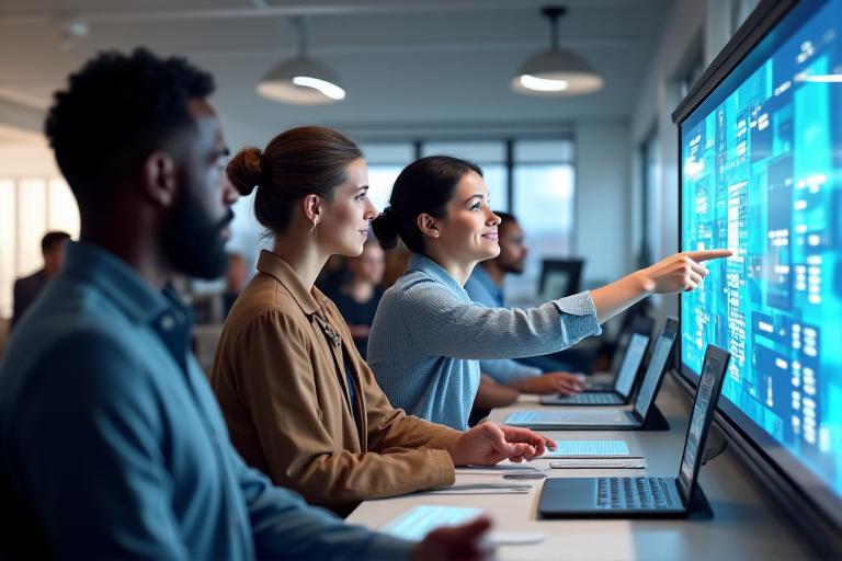 Team interacting virtually on a collaboration platform whiteboard